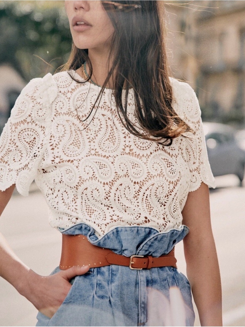 Sezane White Crochet Lace Short Sleeve Top